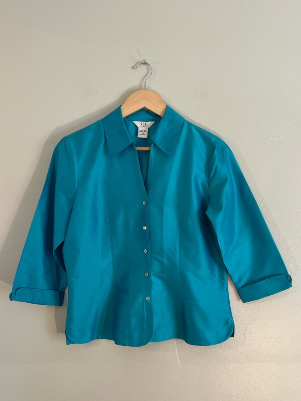 Vintage S.L.B. Turquoise Button-Front Silk Dressy Blouse Mermaid Tropical Summer